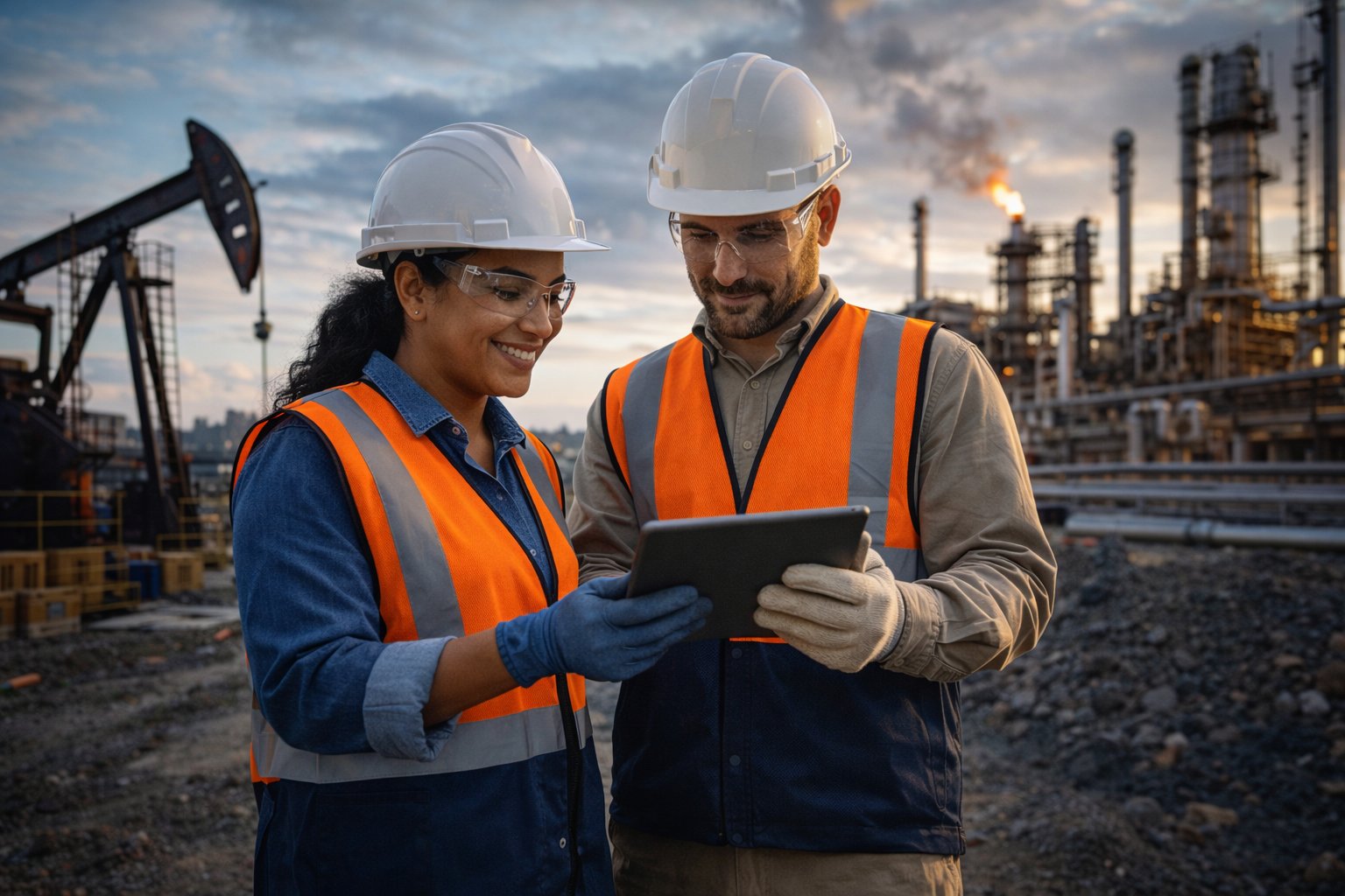 Industrial professionals with tablet at refinery